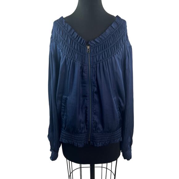 Love Sam Blue Alexe Bomber Jacket Floral Embroidered V-Neck Zip Size Medium M - Picture 4 of 12
